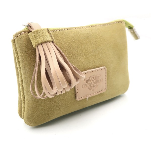 CARAMELO Porte-Monnaie Cuir velours Vert anis.
