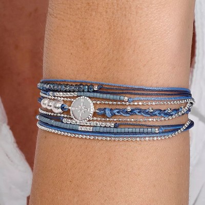 DORIANE Bijoux Bracelet 3 Tours Rose des Vents Bleu.