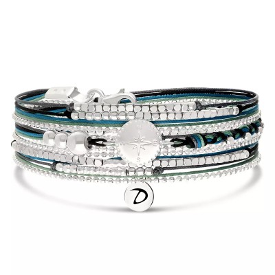 DORIANE Bijoux Bracelet 3 Tours Rose des Vents Turquoise/Noir.