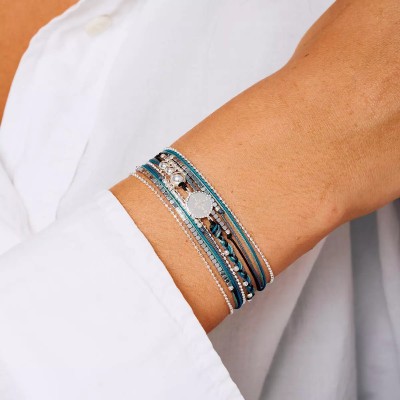 DORIANE Bijoux Bracelet 3 Tours Rose des Vents Turquoise/Noir.