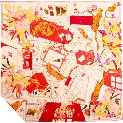 MAISON FANLI - Foulard Carré de Soie Boudoir des Félins - Rouge