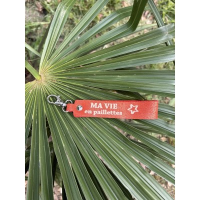 LA CARTABLIERE Porte-Clés Message Ma Vie en Paillettes Cuir Pailleté Orange.