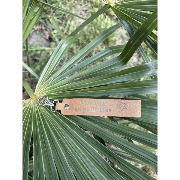 LA CARTABLIERE Porte-Clés Message Ma Vie en Paillettes Cuir Sable doré.