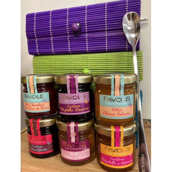 Coffret Bambou avec 6 mignonettes de confitures & Cuillère