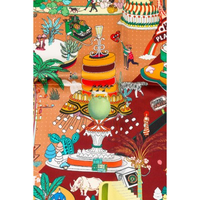 MAISON FANLI - Foulard Carré de Soie Gâteaux Fous - Marron