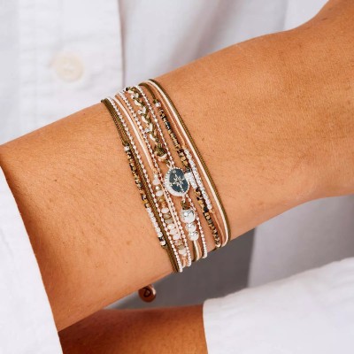 DORIANE Bijoux Bracelet 3 tours Rose des Vents Beige Léopard.
