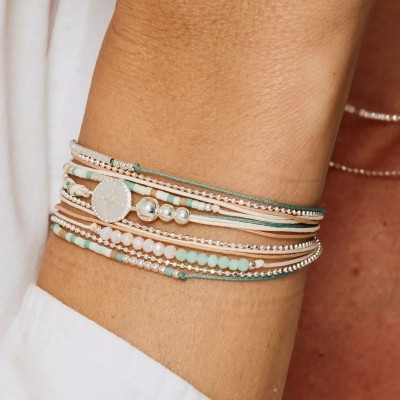 DORIANE Bijoux Bracelet 3 tours Rose des Vents Vert Crème.