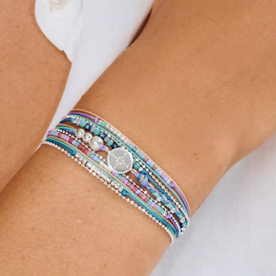 DORIANE Bijoux Bracelet 3 tours Rose des Vents Violet Turquoise.