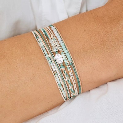 DORIANE Bijoux Bracelet 3 tours Trèfle Vert Amande.