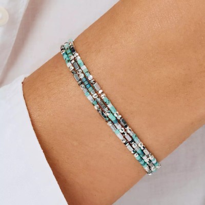 DORIANE Bijoux Bracelet Elastiqué 3 tours Le Sunset Bleu Turquoise.