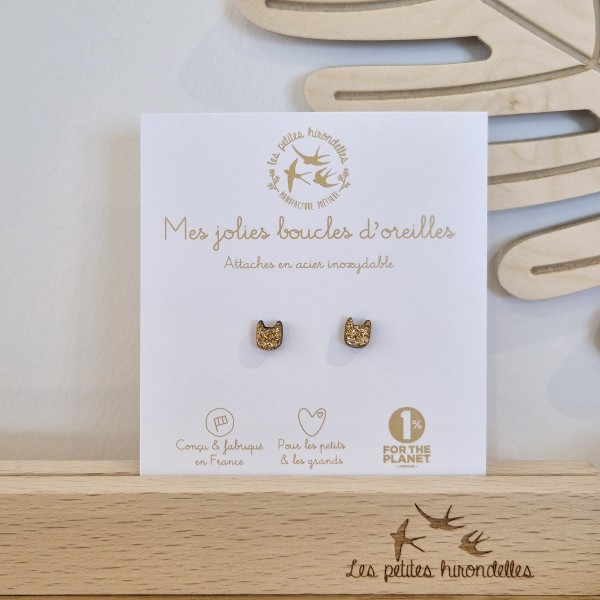 LES PETITES HIRONDELLES - Boucles d'Oreilles en bois - Chat doré