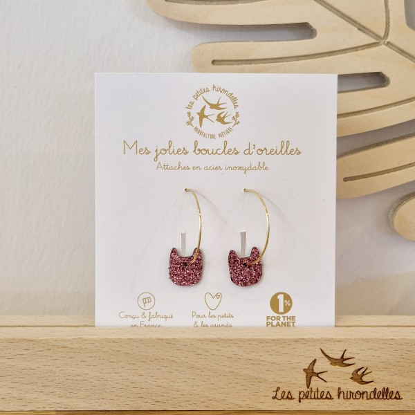 LES PETITES HIRONDELLES - Créoles pailletées Chats - Rose