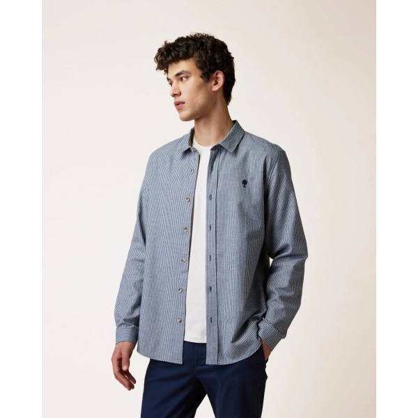 FAGUO - Chemise Homme Rayée Écru et Bleu Marine en Coton