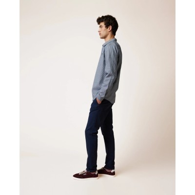 FAGUO - Chemise Homme Rayée Écru et Bleu Marine en Coton