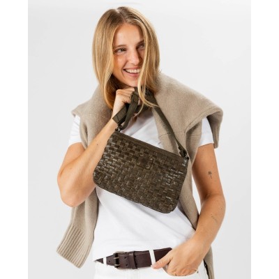 Sac BIBA Kansas Mini bandoulière en cuir tressé kaki