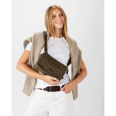 Sac BIBA Kansas à rabat en cuir tressé kaki