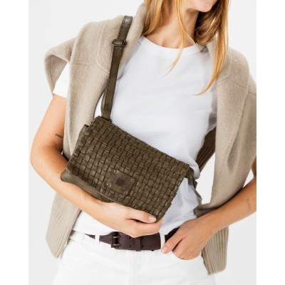 Sac BIBA Kansas à rabat en cuir tressé kaki