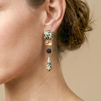 Boucles d’oreilles Kinshasa Nature Bijoux poussoir goutte en jaspe dalmatien