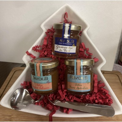Coupelle Sapin avec 3  mini confitures FAVOLS et 1 cuillère à confiture