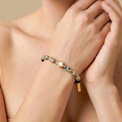 Bracelet Kinshasa Nature Bijoux extensible en jaspe dalmatien et hématite