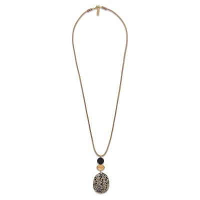 Collier Kinshasa Nature Bijoux long en jaspe dalmatien et Capiz