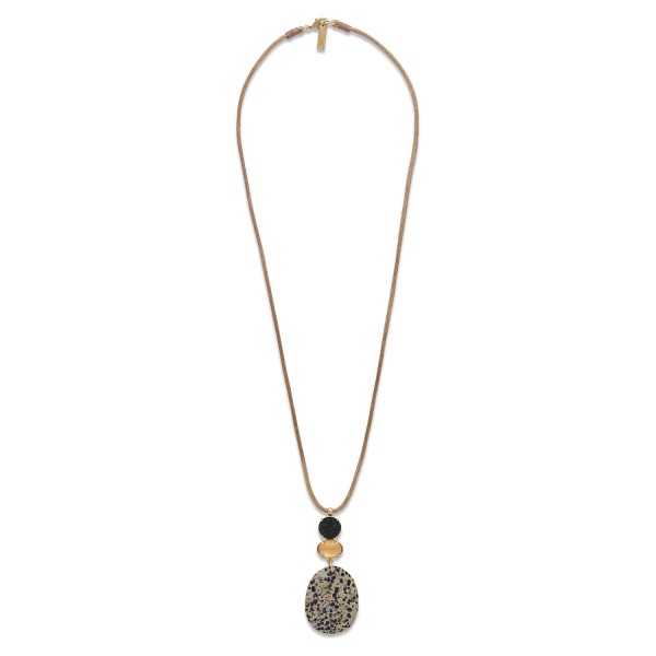 Collier Kinshasa Nature Bijoux long en jaspe dalmatien et Capiz