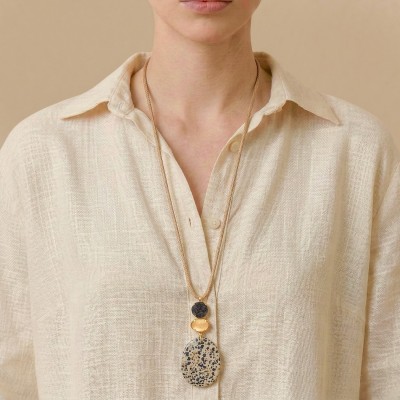 Collier Kinshasa Nature Bijoux long en jaspe dalmatien et Capiz