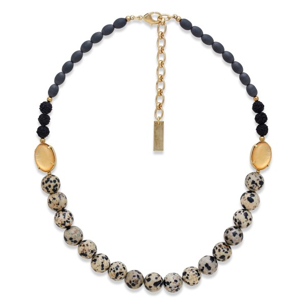 Collier Kinshasa Nature Bijoux court en jaspe dalmatien et Capiz