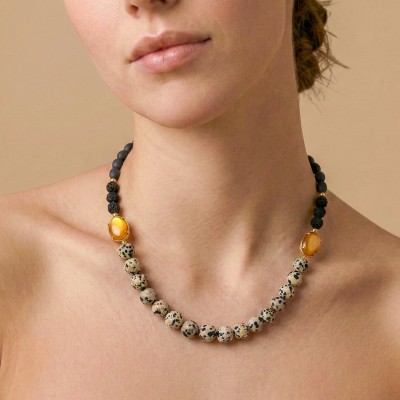 Collier Kinshasa Nature Bijoux court en jaspe dalmatien et Capiz