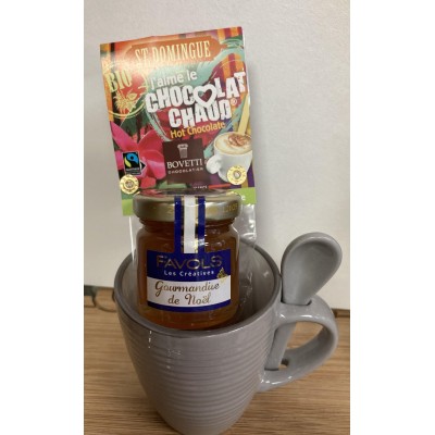 Mug gris avec 1 cœur chocolat à faire fondre et 1 mini confiture FAVOLS
