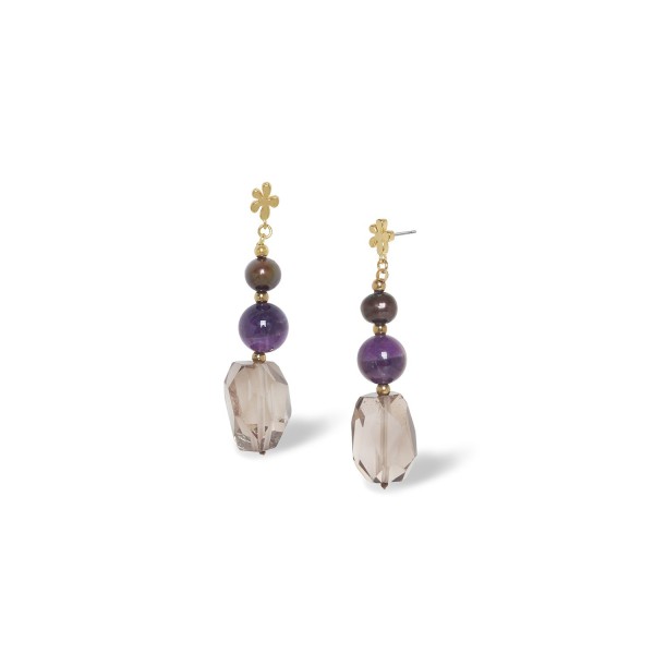 Boucles d'oreilles NATURE Belle de Nuit en quartz fumé et améthyste