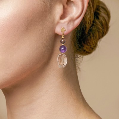 Boucles d'oreilles NATURE Belle de Nuit en quartz fumé et améthyste