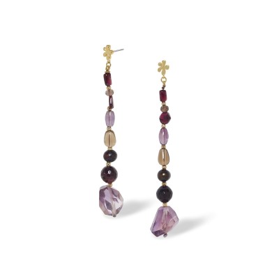 Boucles d'oreilles NATURE Belle de Nuit en quartz fumé, améthyste et grenat