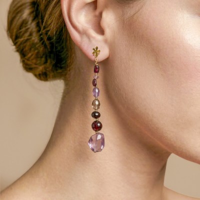 Boucles d'oreilles NATURE Belle de Nuit en quartz fumé, améthyste et grenat