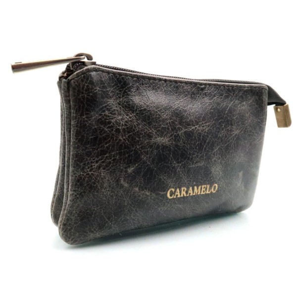 Porte-monnaie CARAMELO Piper en cuir noir patiné