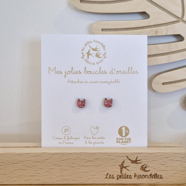 LES PETITES HIRONDELLES - Boucles d'Oreilles en bois - Chat rose