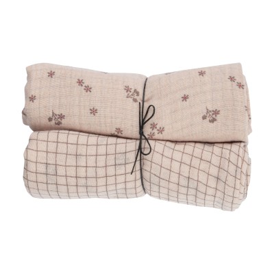 WOOLY ORGANIC - Lot 2 langes en mousseline - Pink carreaux WOOLY ORGANIC - Lot 2 langes en mousseline - Pink carreaux