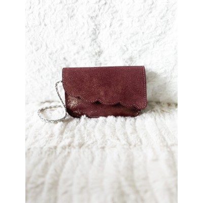 LA CARTABLIERE Mini Pochette Fleur en cuir Pailleté Grenat doré.