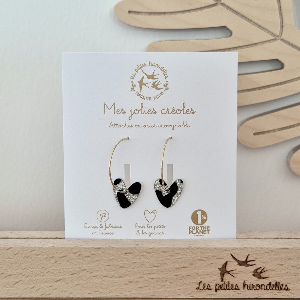 LES PETITES HIRONDELLES - Créoles pailletées Cœurs - Léopard argenté