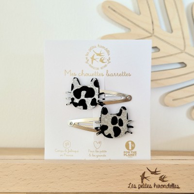 LES PETITES HIRONDELLES - Barrettes double chats - Léopard argenté