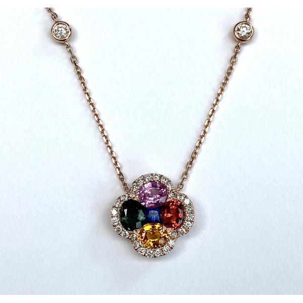 PENDENTIF TREFLE MULTICOLORE EN OR ROSE.